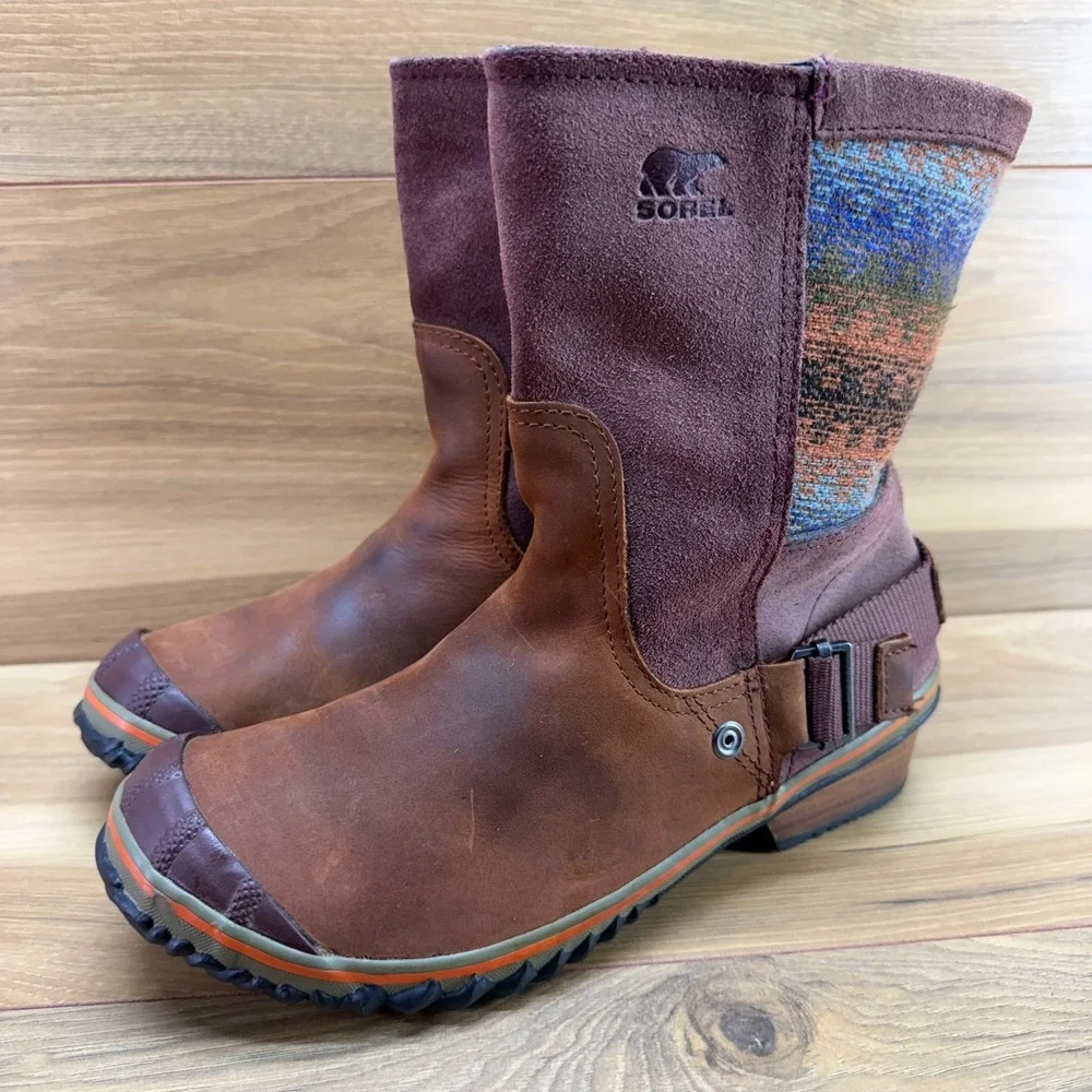 Sorel Slim Shortie Boots Womens 8.5 Bonfire Rust Brown Waterproof Pull On